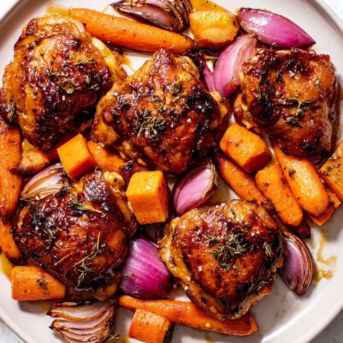 Golden Honey-Glazed Chicken with Roasted Root Vegetables: Crispy skin, tender meat, sweet glaze.