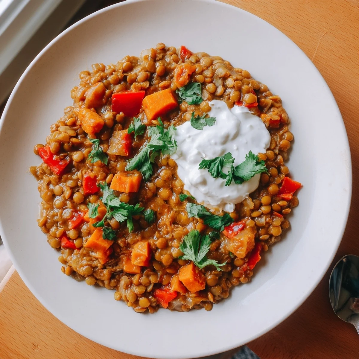 Steaming bowl of Wheat-Warm Hearty Lentil Curry, a flavorful vegetarian main course.