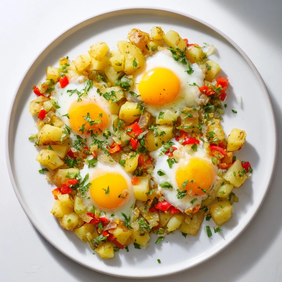 Savory Simple Skillet Egg and Potato Hash with bright bell peppers, ready to be scooped up and enjoyed.