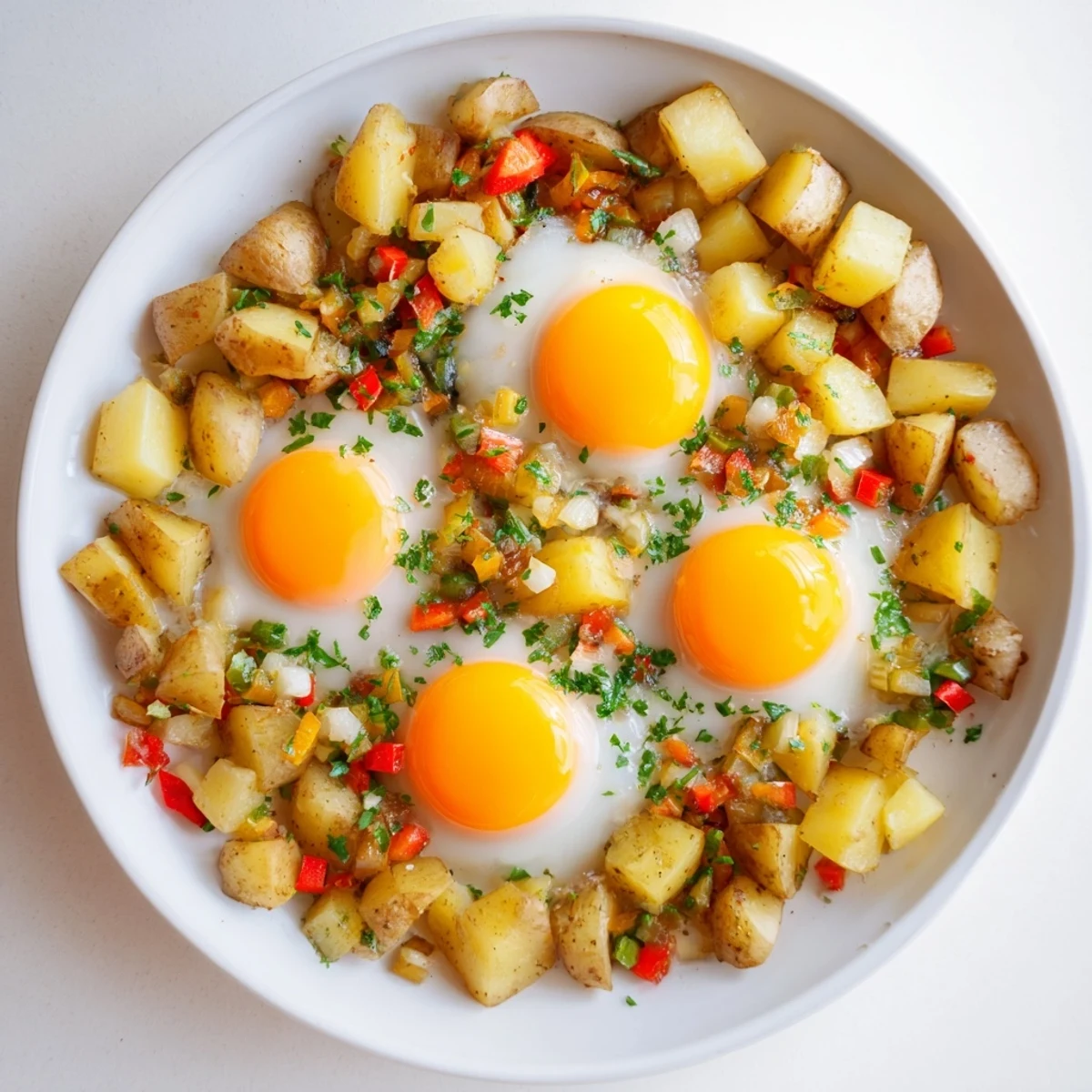 Hearty Simple Skillet Egg and Potato Hash, a one-pan meal with a sprinkle of fresh parsley for a flavorful touch.
