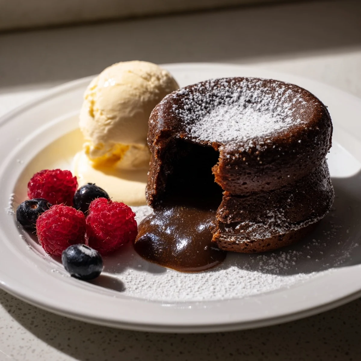 Freshly baked cocoa-warm dark chocolate lava cakes, with a molten center and dusted with powdered sugar.