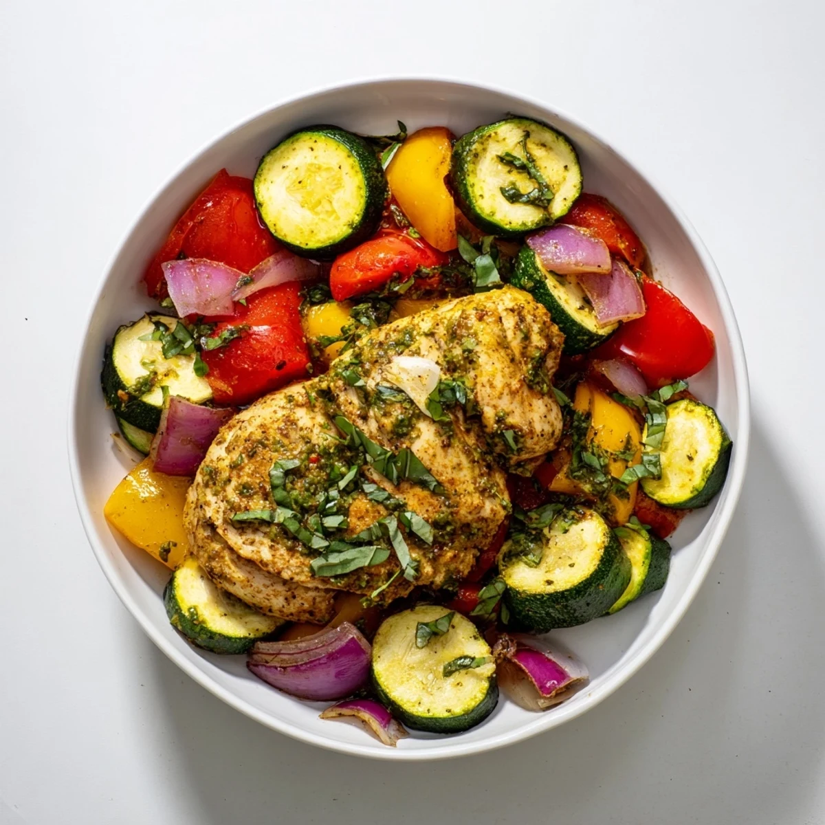 Sheet pan Basil-Soft Chicken and Veggie Dinner, glistening with lemon and herbs, ready to serve.