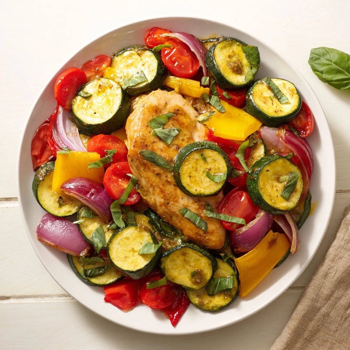 Tender chicken and colorful roasted vegetables in this bright Basil-Soft Chicken Sheet Pan Dinner.