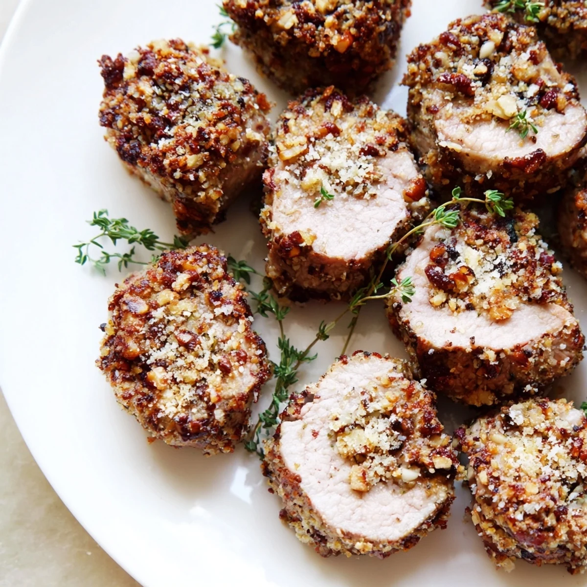 Perfectly roasted Thyme and Pecan Crusted Pork Tenderloin, glistening with a savory, flavorful crust and juices.