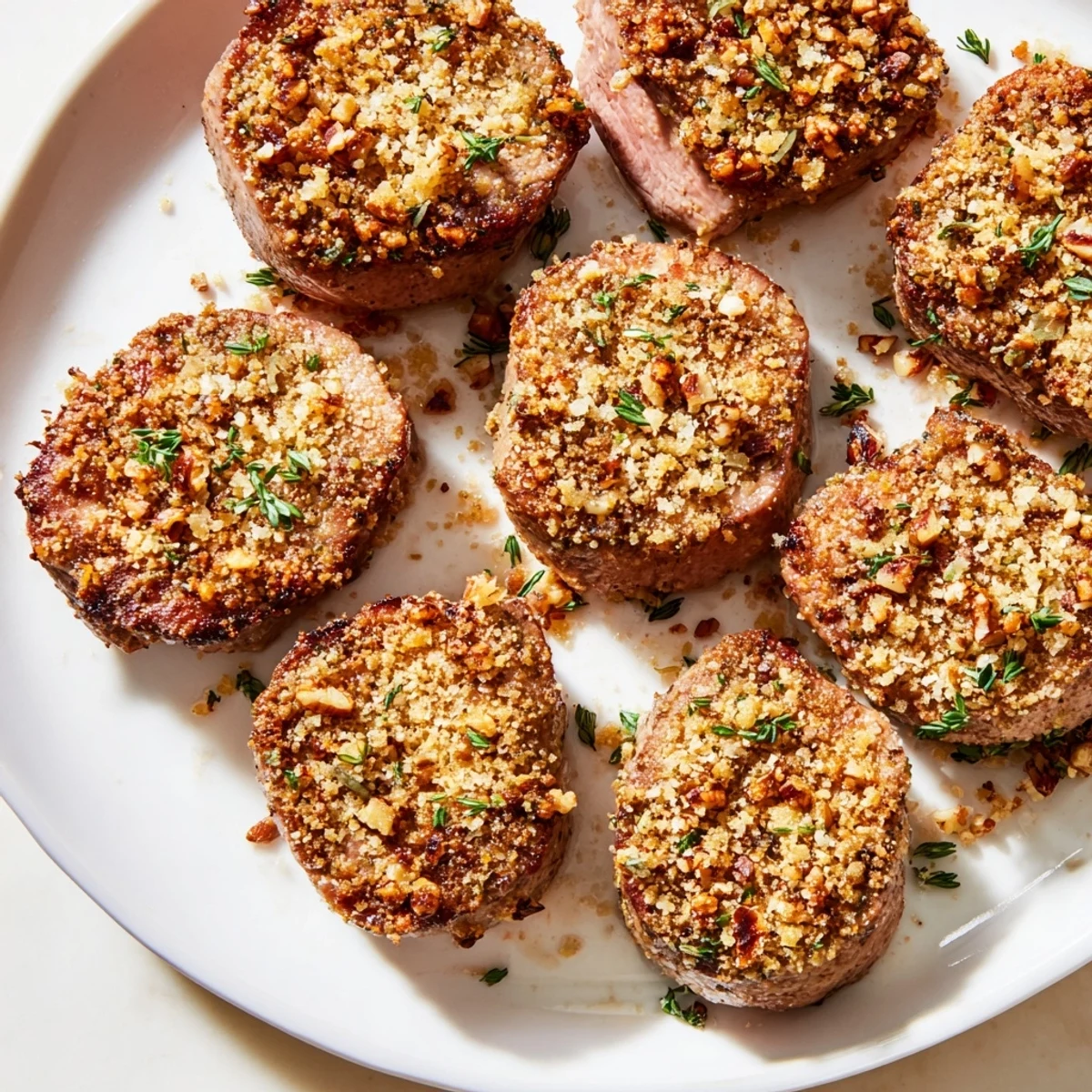 Golden, crispy Thyme and Pecan Crusted Pork Tenderloin medallions, ready to be sliced, enjoyed at dinner!