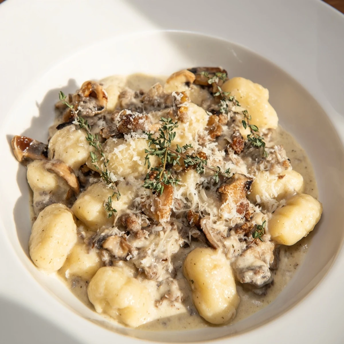 Golden-brown Woodsy Skillet Sausage and Mushroom Gnocchi, glistening, ready to serve with Parmesan cheese.