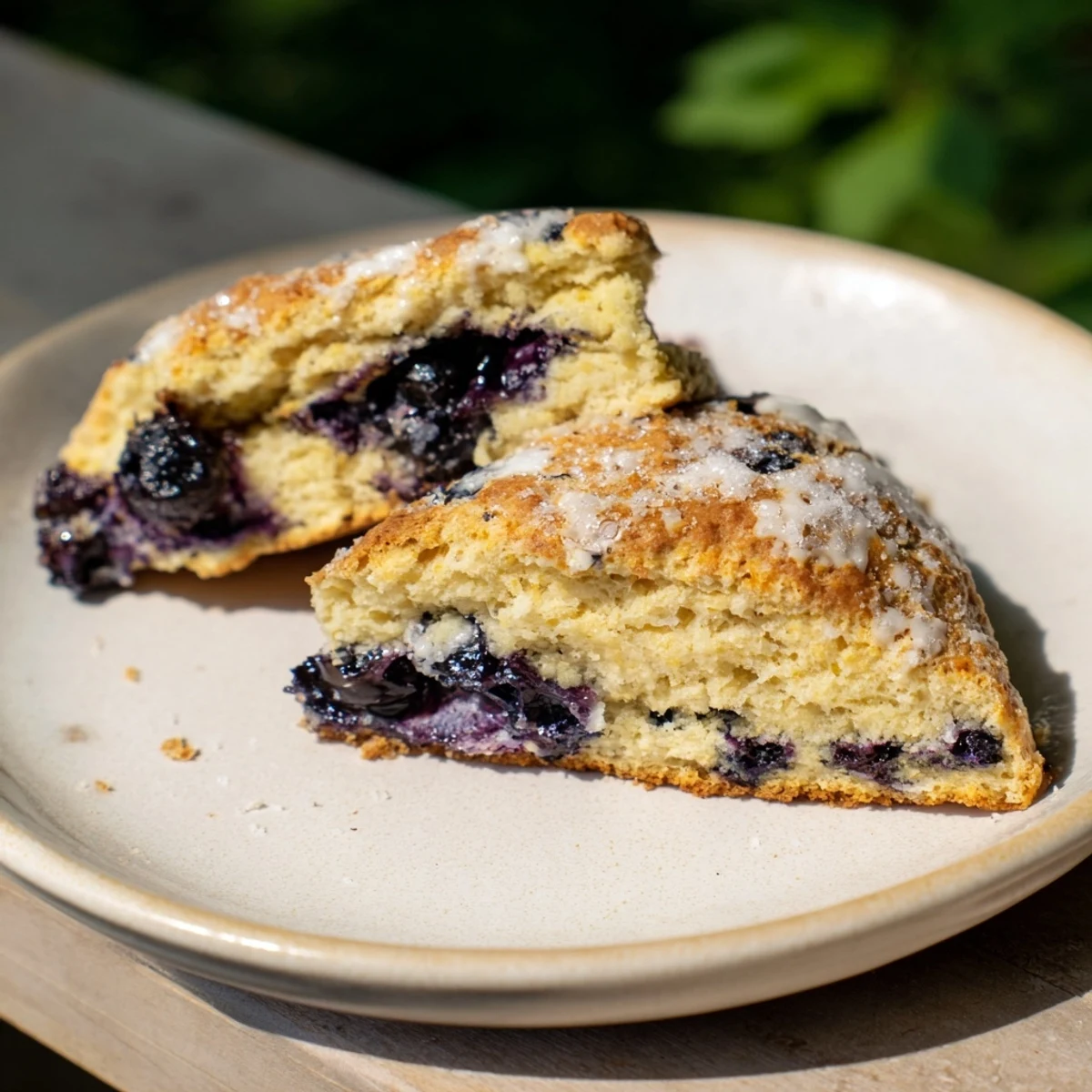 A close-up of flaky Rustic Birch-Warm Blueberry Scones, studded with bursting blueberries, perfect for brunch.