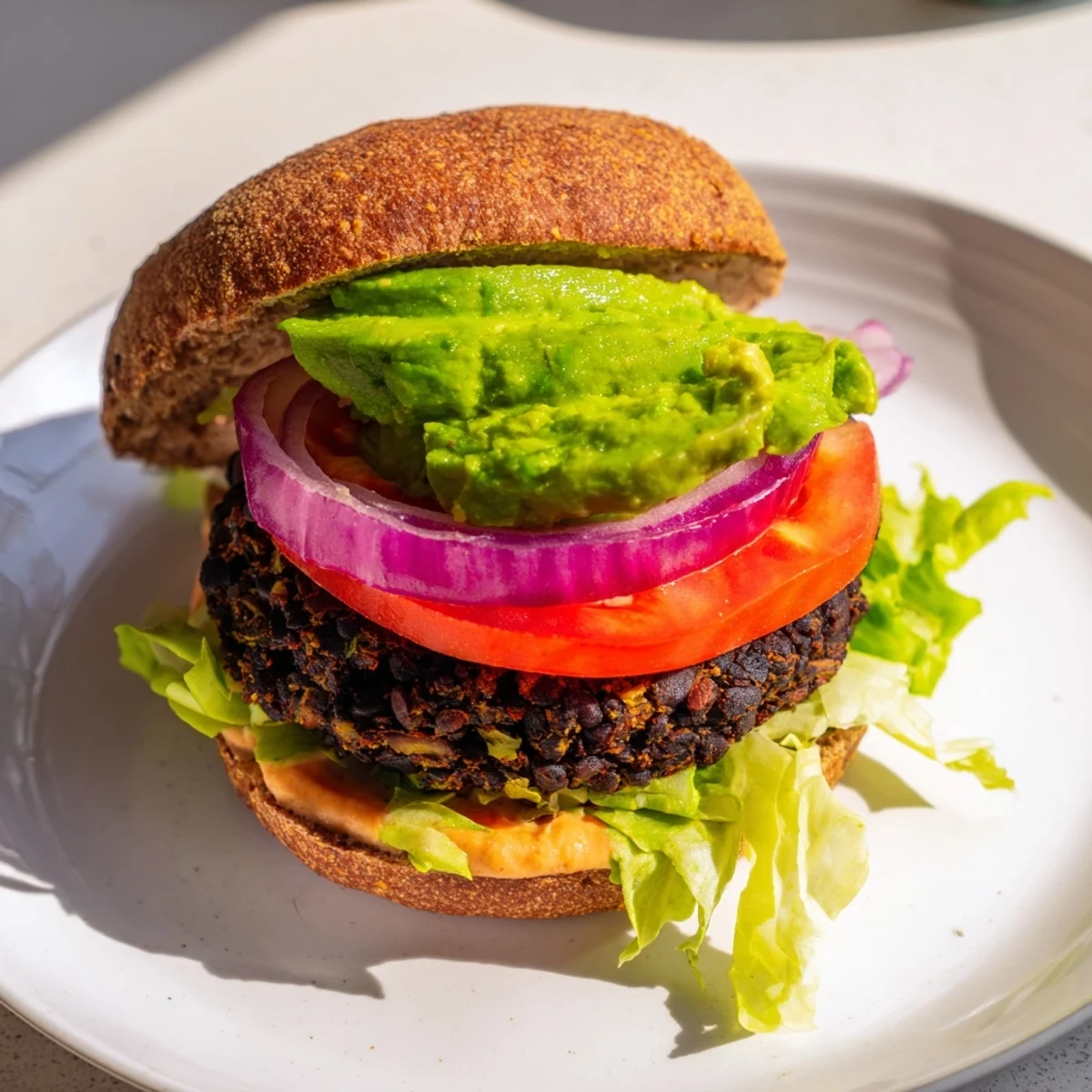 Golden-brown zesty black bean burgers with creamy avocado served on toasted buns and fresh toppings.