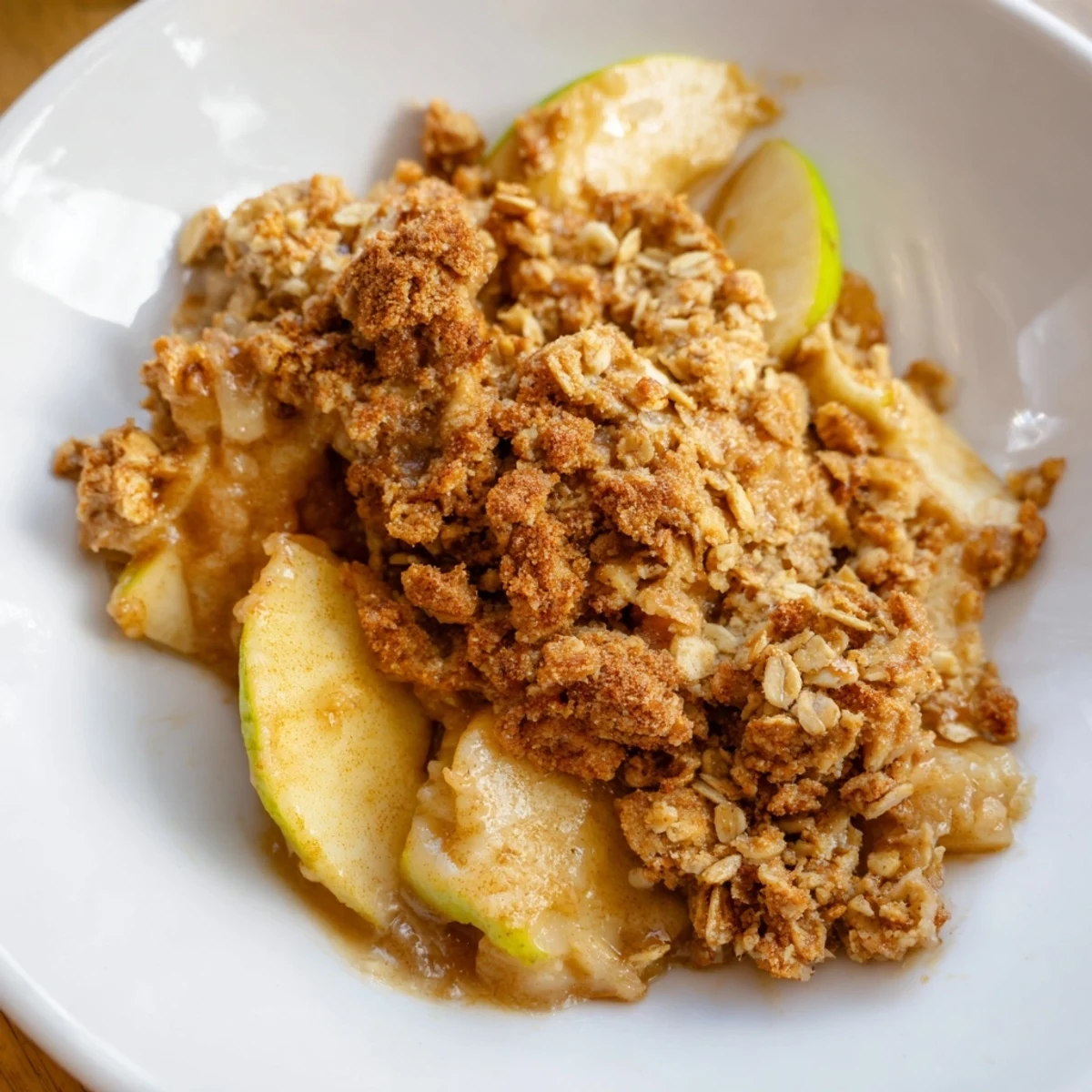 Golden-brown Warm Rustic Apple and Cinnamon Crumble with a crisp, buttery crumble topping served warm.
