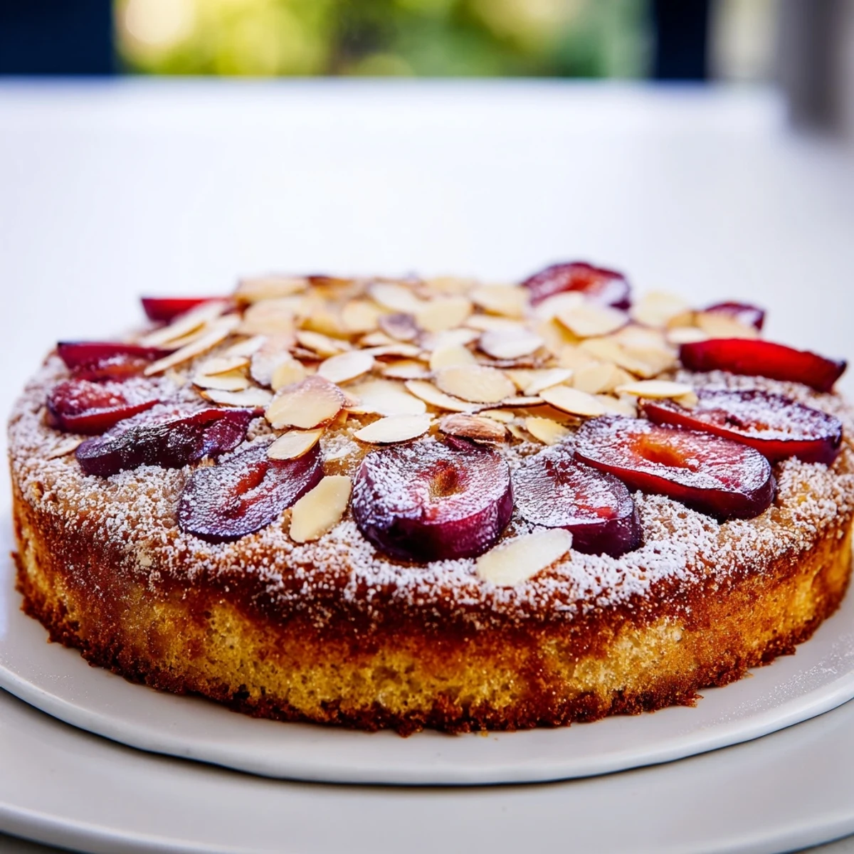 Golden-brown soft sweet plum-infused almond cake, topped with sugared plums and almonds, ready to slice.