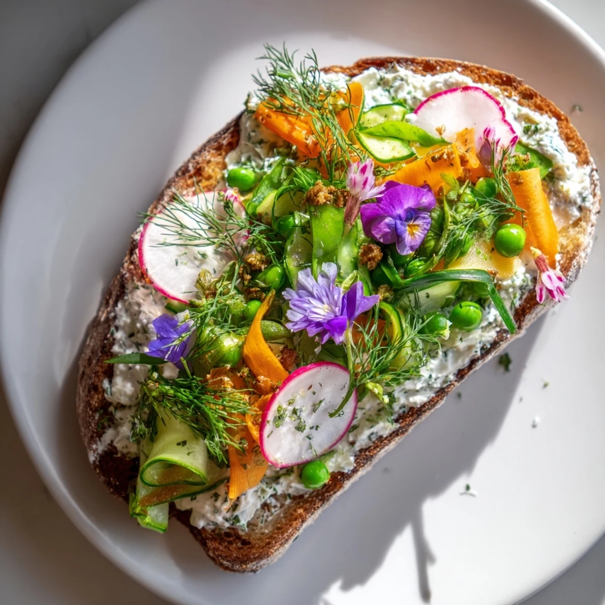 Beautifully arranged Fresh Meadow-Inspired Garden Vegetable Tartines, with herbed cheese and fresh, vibrant ingredients.