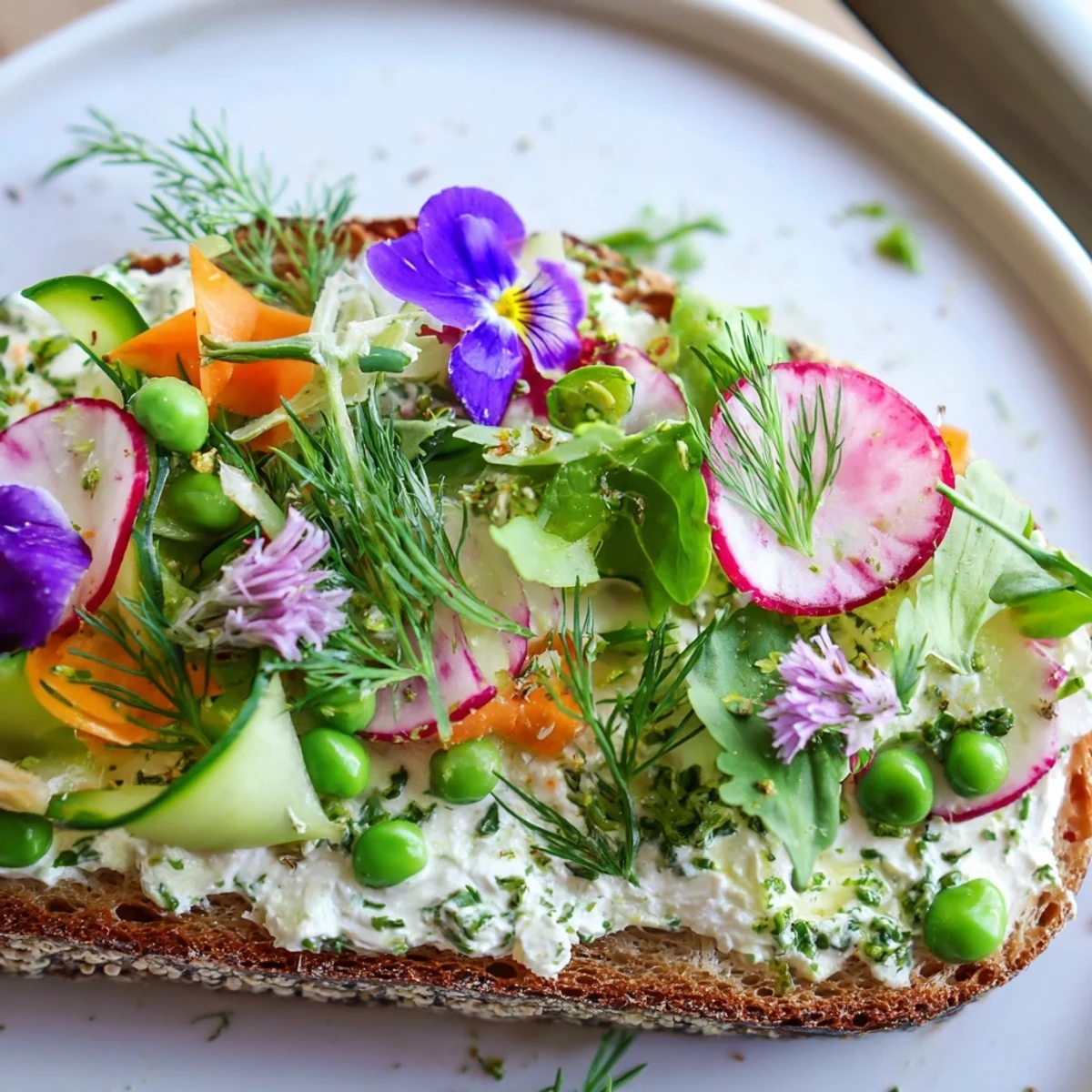 Close-up of Fresh Meadow-Inspired Garden Vegetable Tartines, inviting you to enjoy the fresh flavors for lunch.