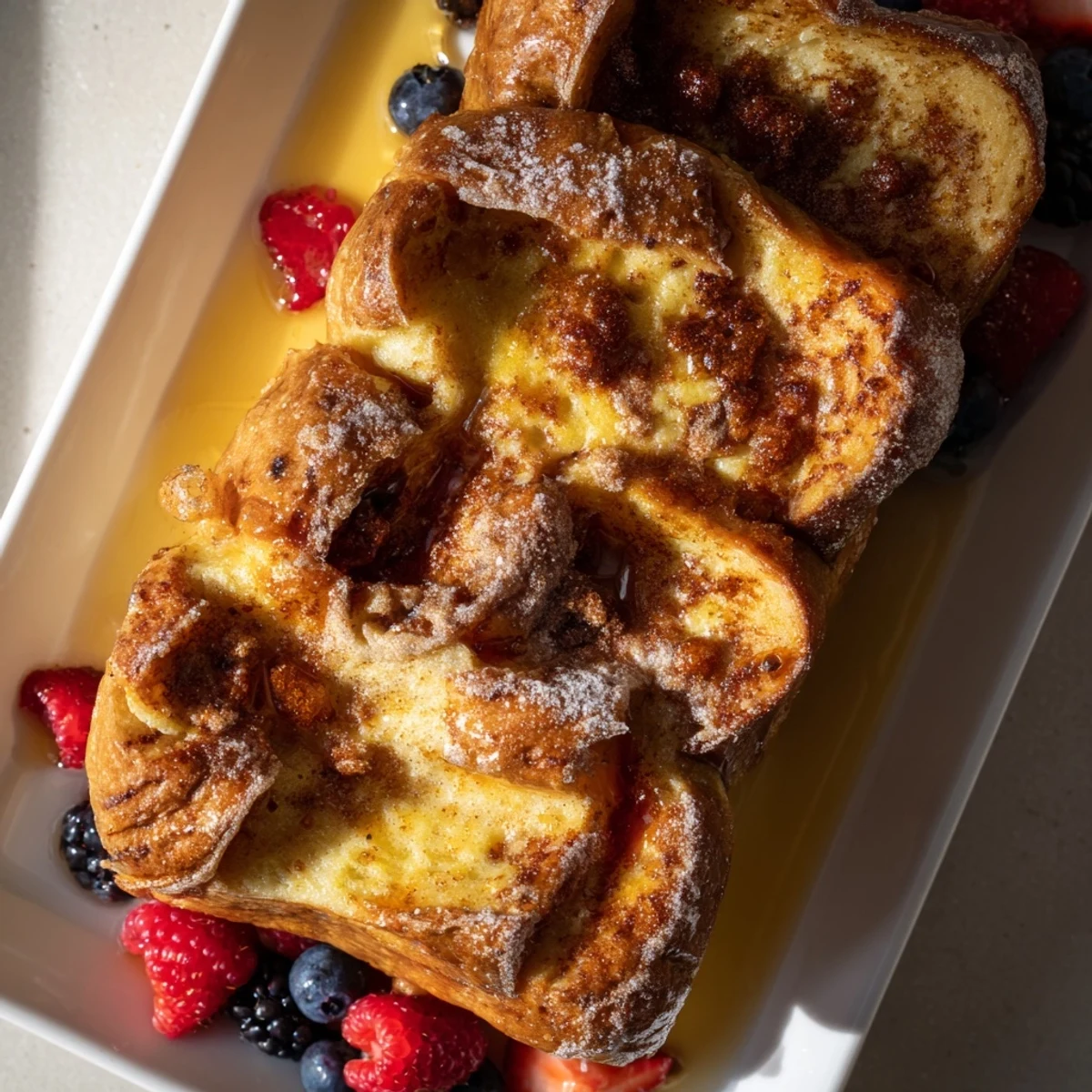 Warm, spiced Soft Spice Baked French Toast Casserole slices, with melted butter topping and hints of cinnamon.