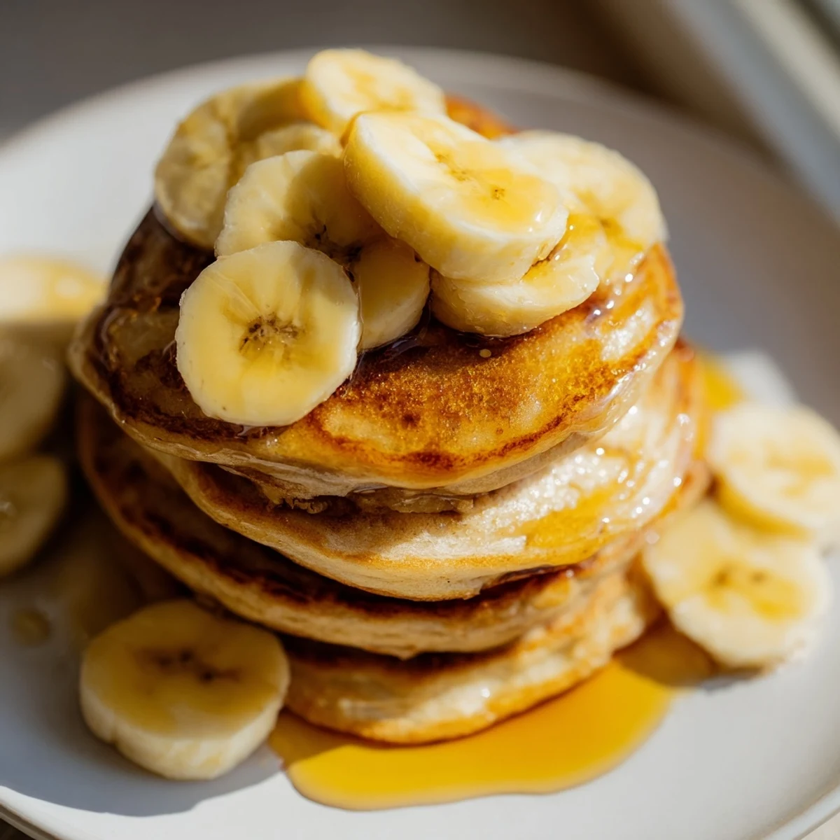 Golden-brunch banana pancakes, stacked high, drizzled with warm maple syrup, perfect for a cozy weekend.