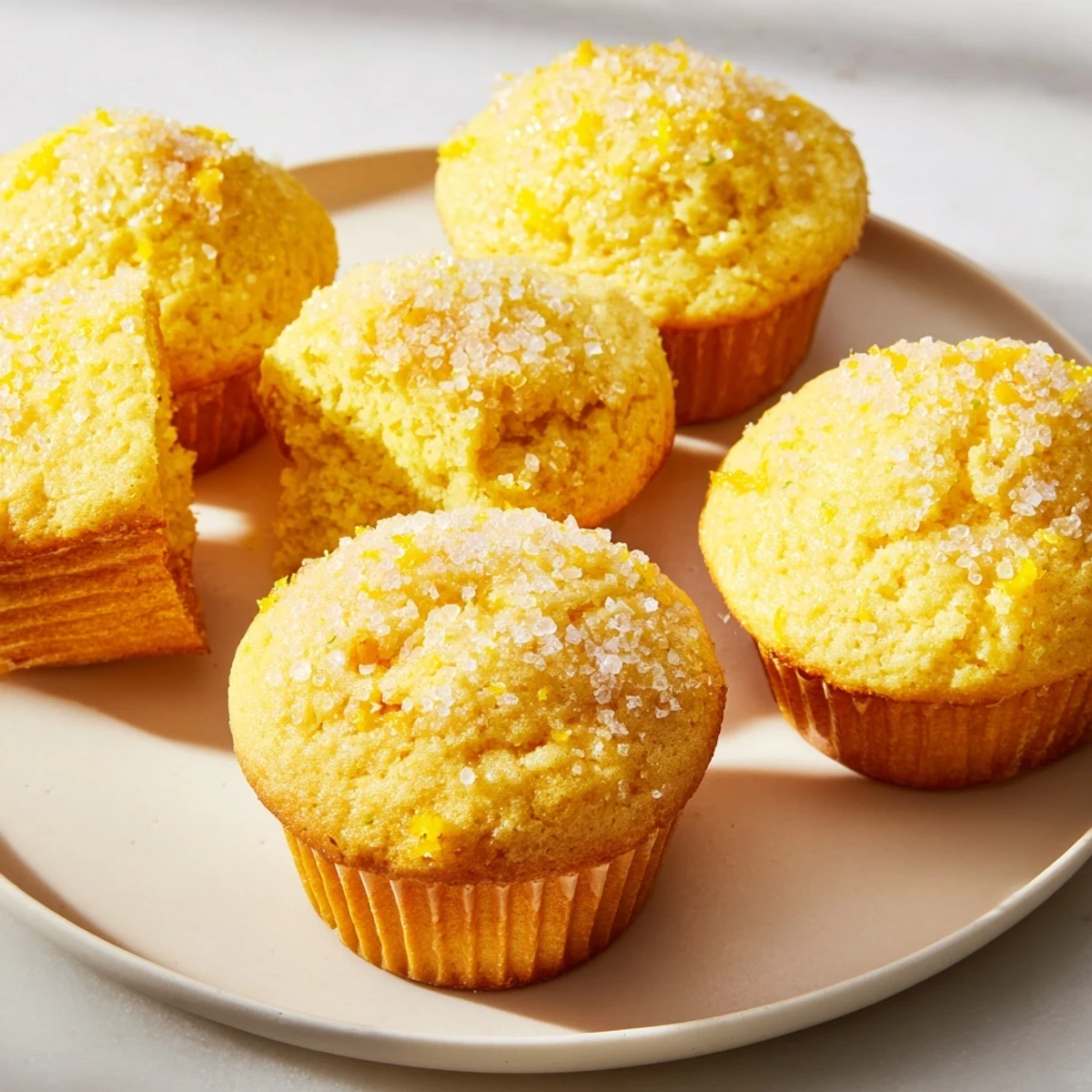 Golden-brown Simple Sweet Lemon Zest Muffins, perfect brunch treat with a sparkling sugar topping.