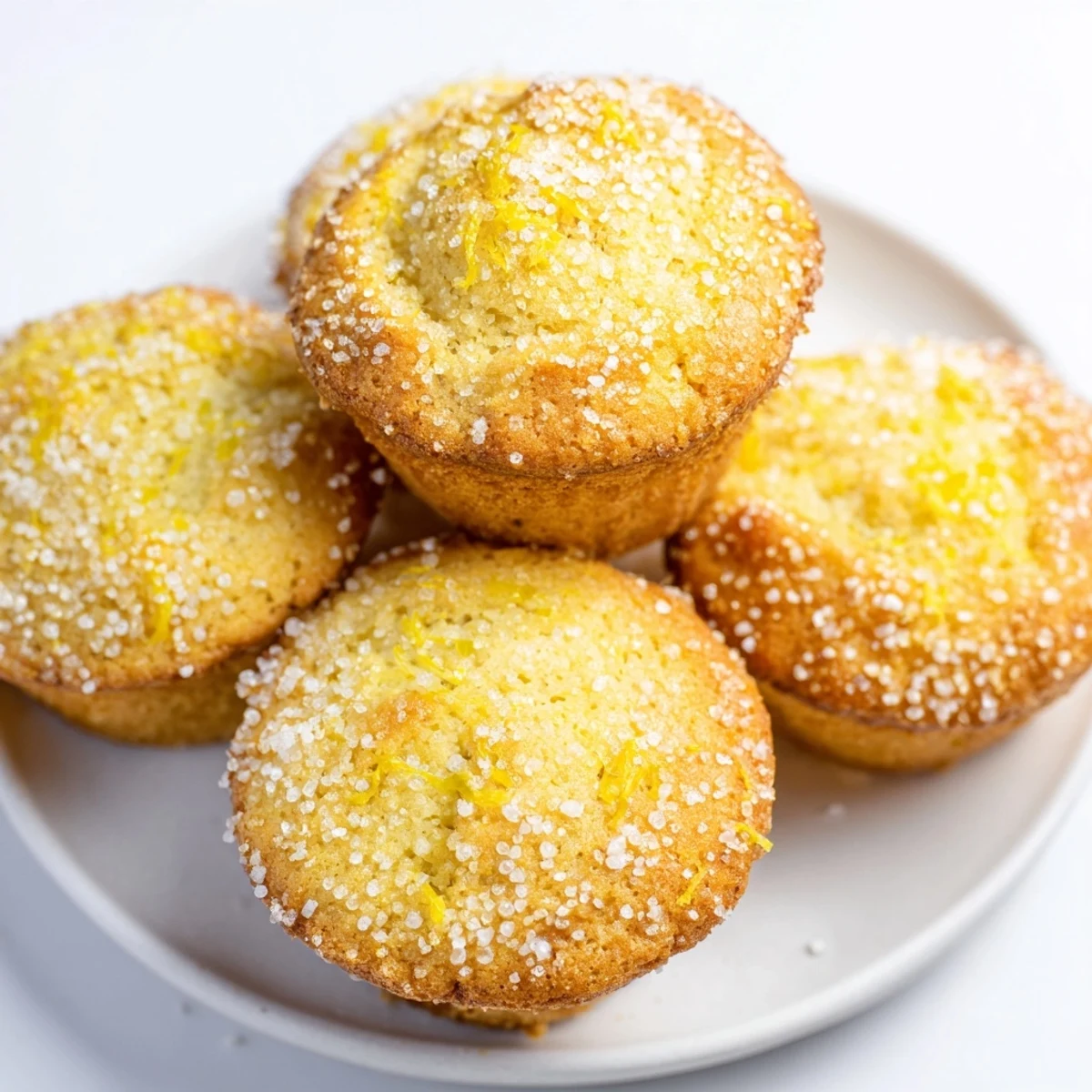A close-up of fluffy Simple Sweet Lemon Zest Muffins, hinting at zesty flavor and tender crumb.