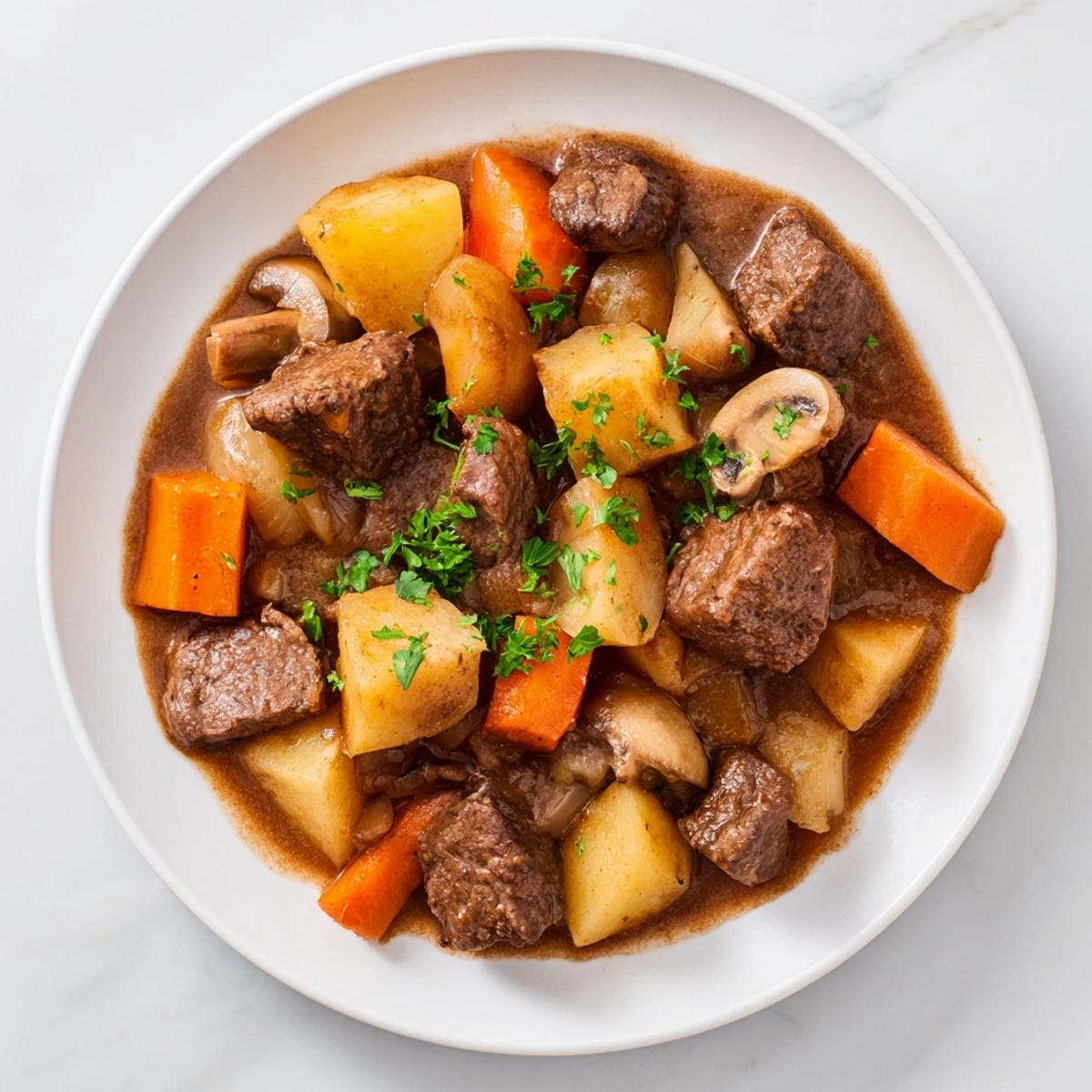 Flavorful earthy beef stew with root vegetables, served with a warm, golden homemade bread.