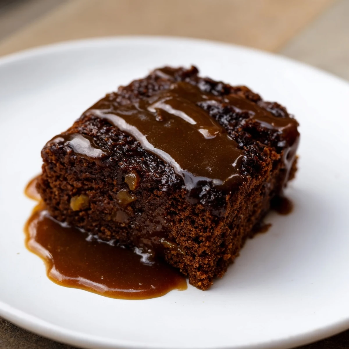 A close-up of a square of Weekend Cabin-Style Sticky Toffee Pudding, showcasing moist dates and rich sauce.