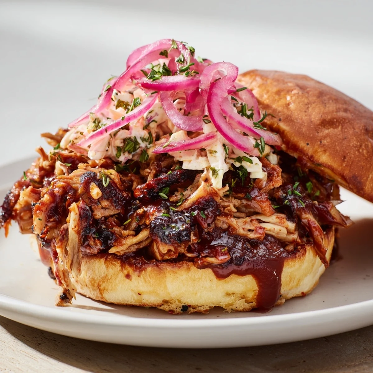 Golden, toasted buns overflowing with flavorful fire-kissed BBQ pulled pork, ready to be enjoyed.