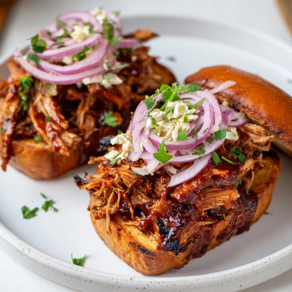 Juicy fire-kissed BBQ pulled pork sandwiches, piled high on toasted buns, dripping with smoky sauce.