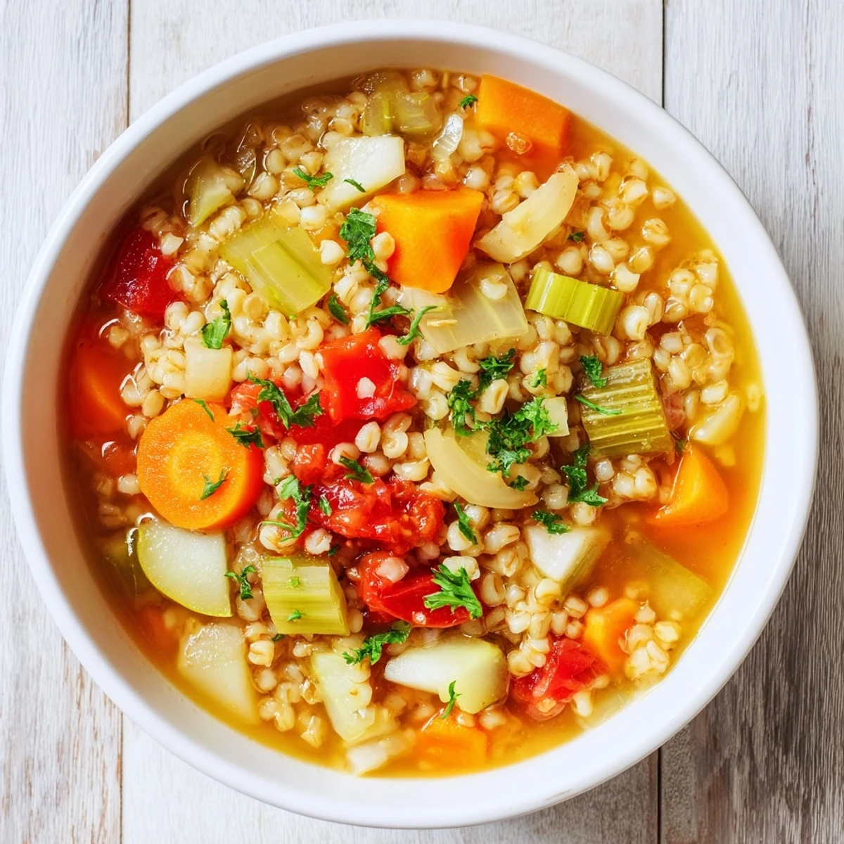 A close-up shot of a pot of Simple Homemade Grain and Vegetable Soup, ready to ladle into bowls.