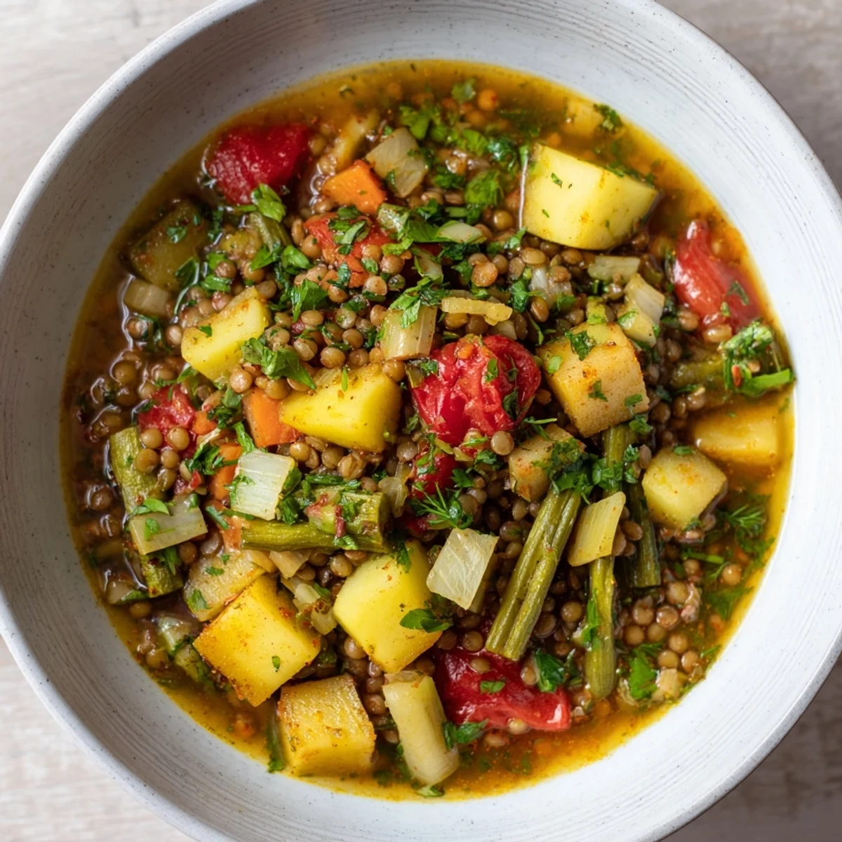 Steaming bowl of Simple Homemade Grain and Vegetable Soup, thick with barley and vibrant vegetables.