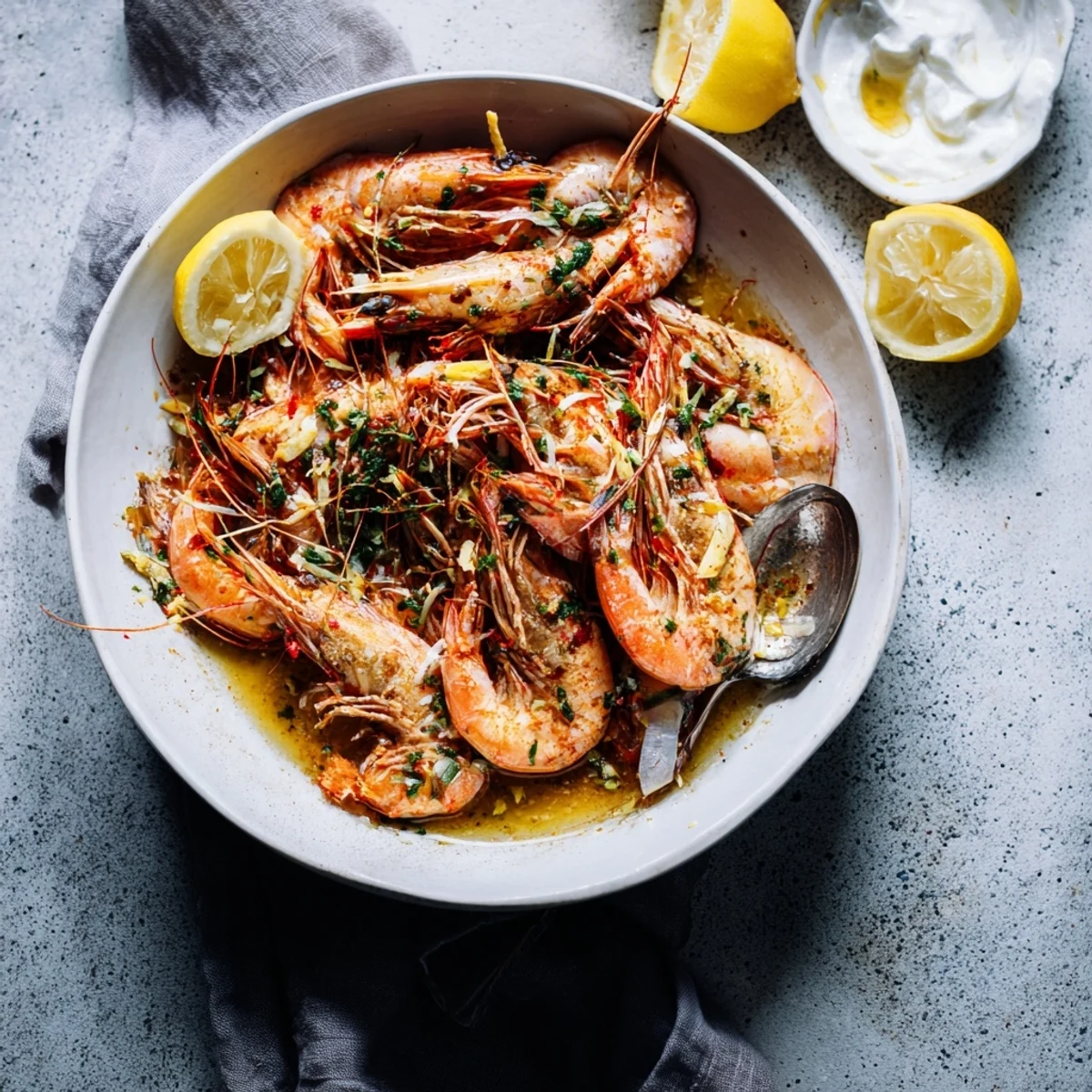 A bowl of Light & Bright Lemon Herb Shrimp Scampi, pasta tossed in a bright, zesty sauce.