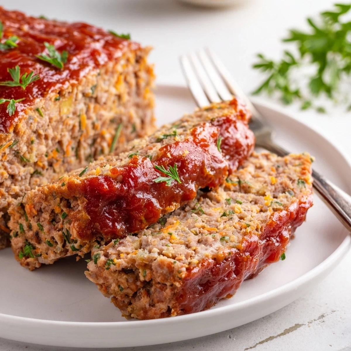 Golden-brown Everyday Herb-Sprigged Turkey Meatloaf slice, ready to serve with a sweet glaze drizzle.