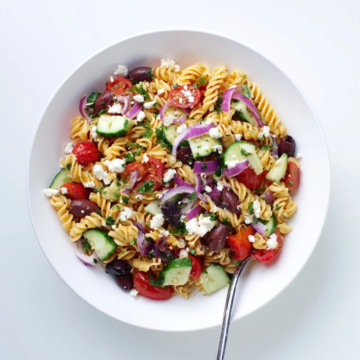 Mediterranean Olive Oil and Feta Pasta Salad, a colorful bowl of fresh ingredients, ready to enjoy.