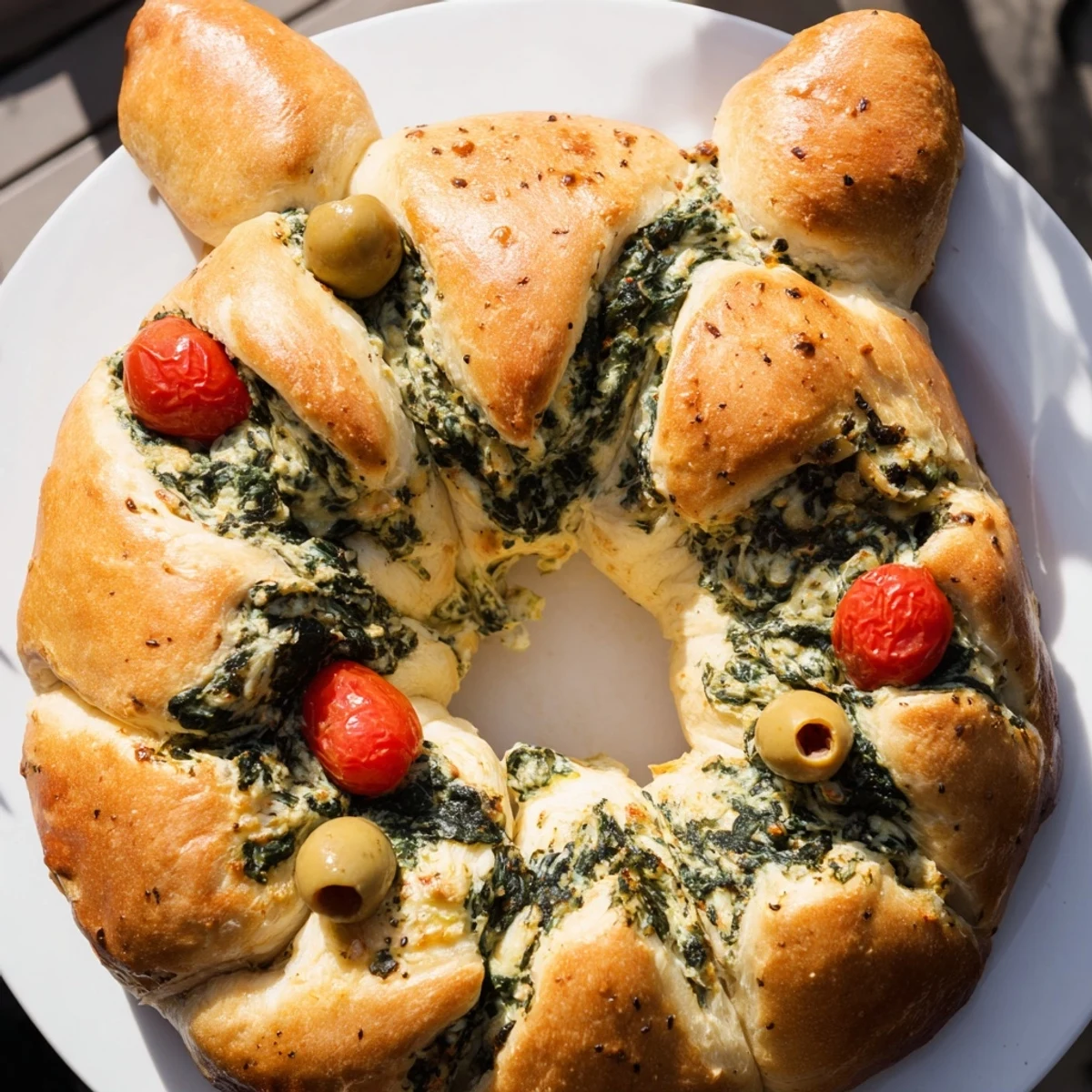A beautifully decorated Reindeer Antler Spinach Dip Ring, with creamy spinach oozing from pull-apart bread.