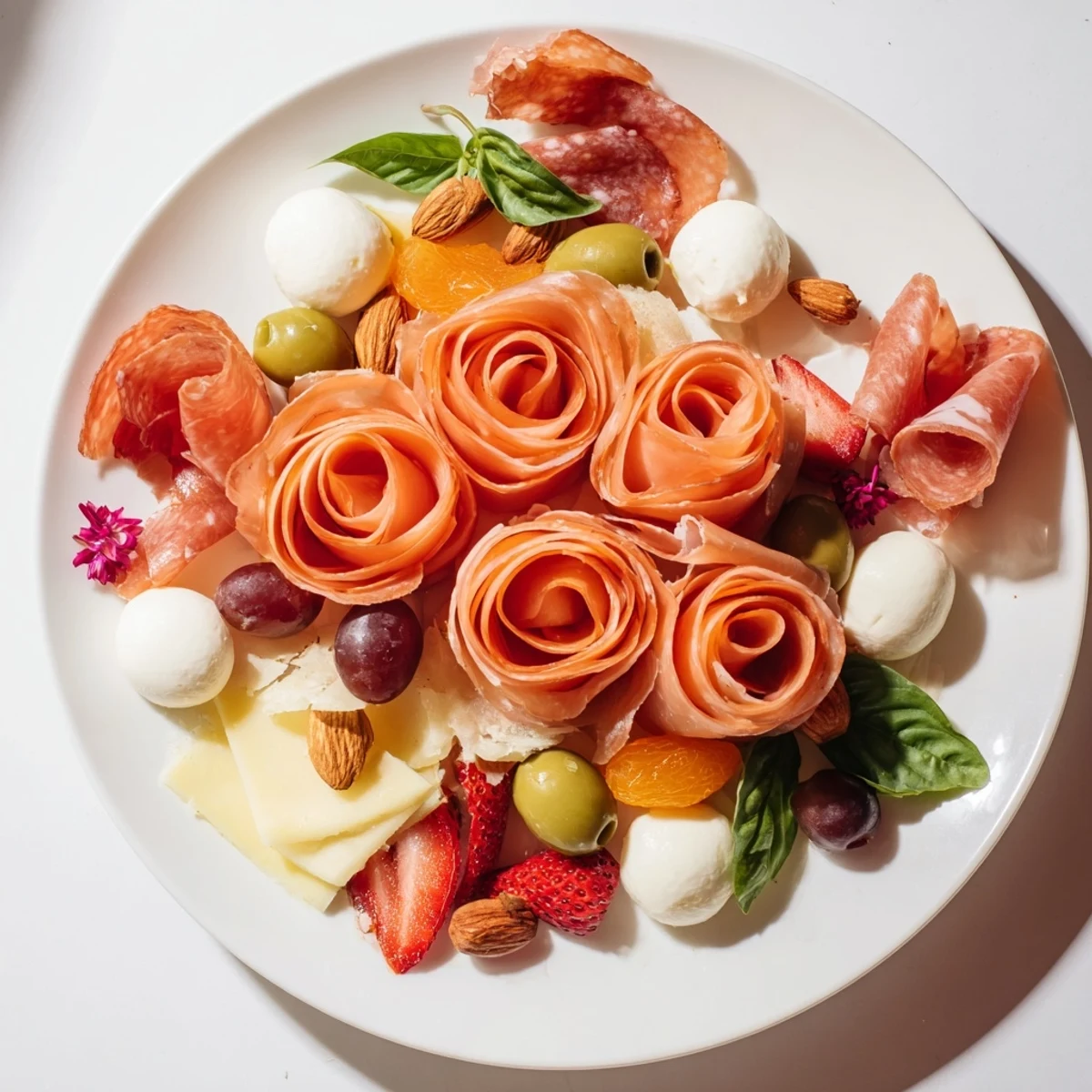 Prosciutto Rose Bouquet Board with vibrant red grapes and a medley of gourmet cheeses perfect for sharing.