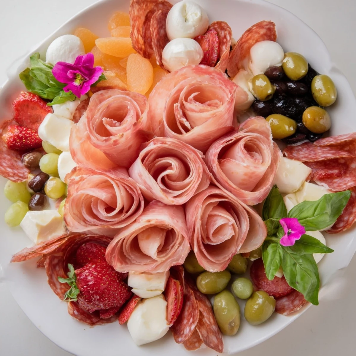 Beautifully arranged Prosciutto Rose Bouquet Board featuring creamy goat cheese and glistening olives ready to enjoy.