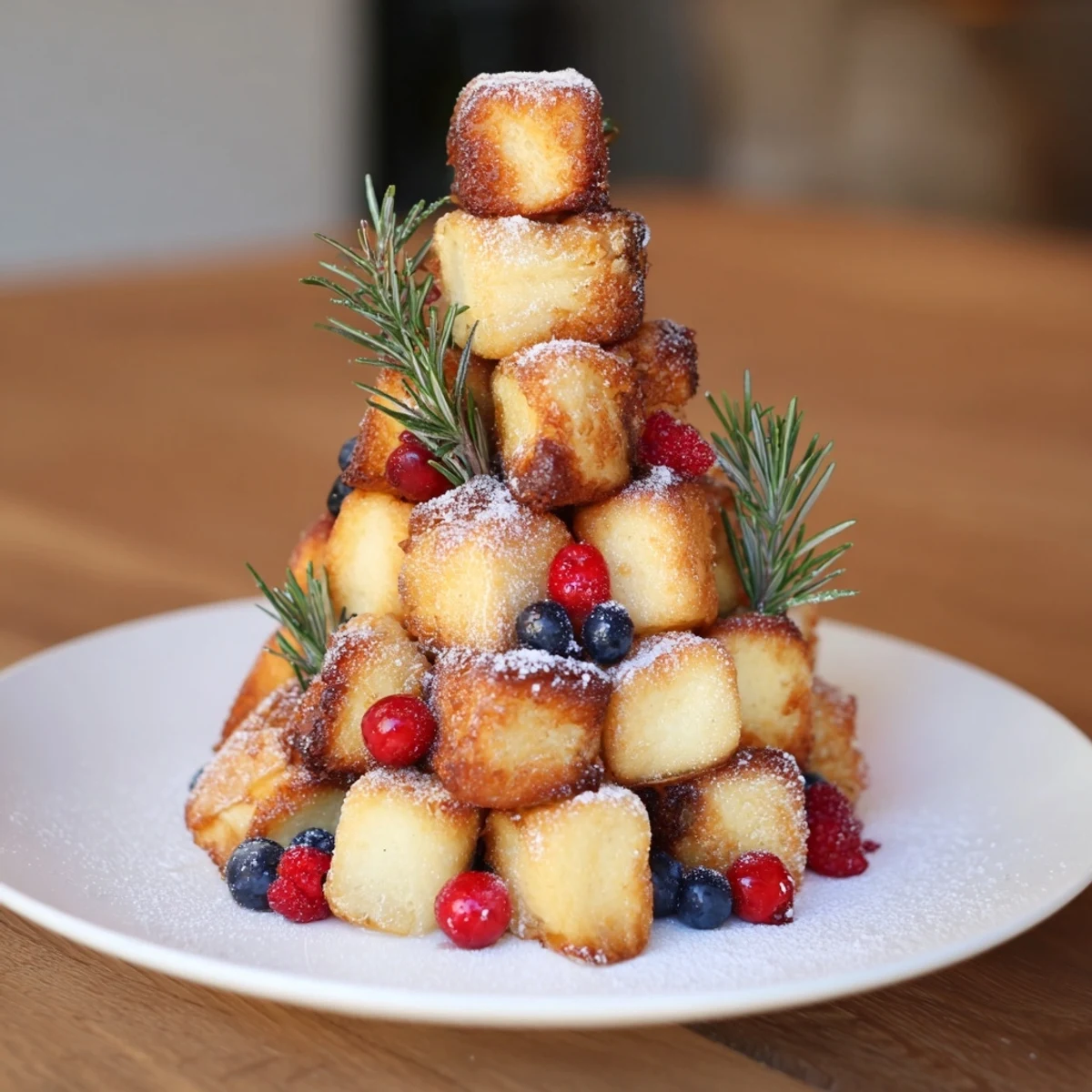 Dusting of powdered sugar crowns the delightful Eggnog French Toast Bites tree, ideal for brunch.