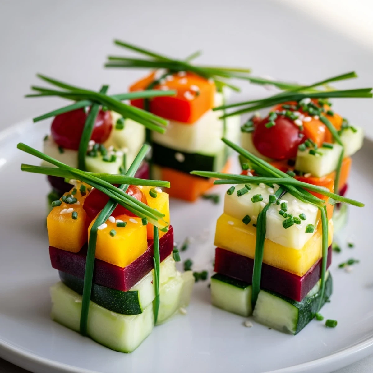 Eye-catching presentation of Stacked Gift Box Veggie Cubes, a delightful vegetarian snack, perfect for parties.