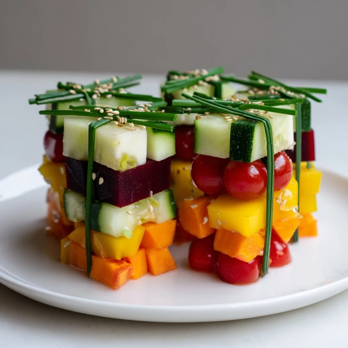 Colorful Stacked Gift Box Veggie Cubes made with fresh cucumbers and bell peppers, ready to serve and enjoy.