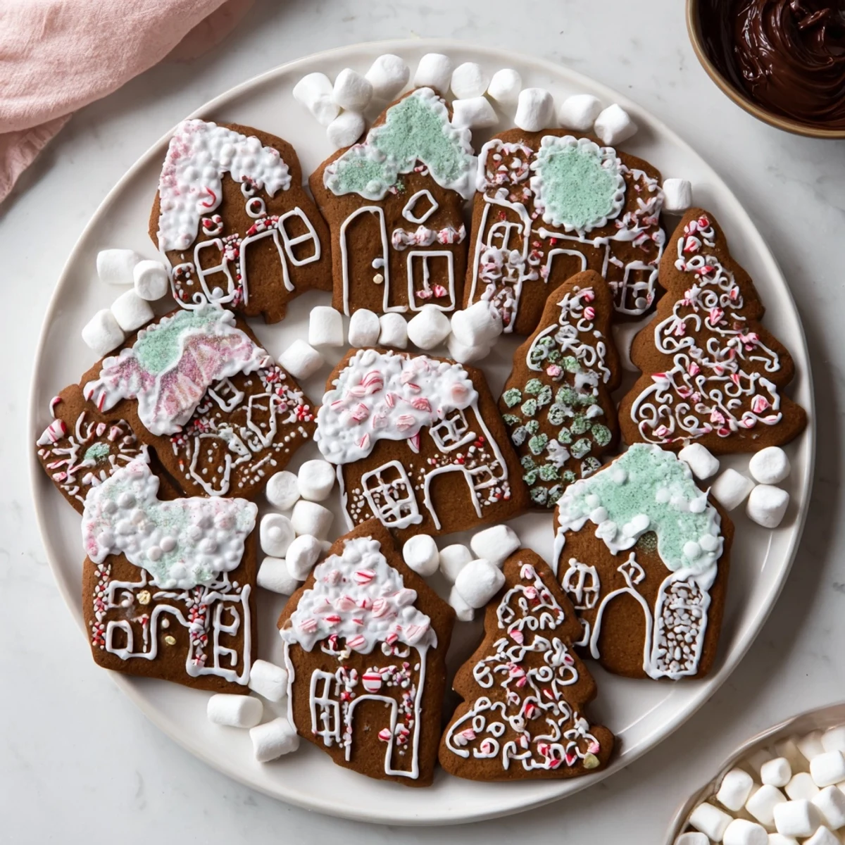 A visually stunning arrangement of gingerbread cookies forms the centerpiece of this sweet village.