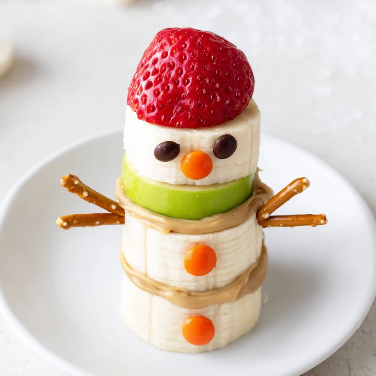 Festive Banana Peanut Butter Snowmen, a playful snack with mini chocolate chip eyes and pretzel arms.