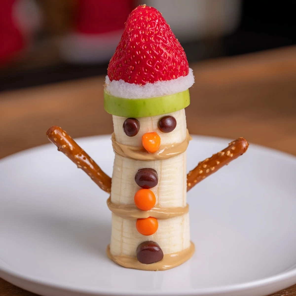 Adorable Banana Peanut Butter Snowmen are arranged on a plate, featuring peanut butter and fruit "clothing".