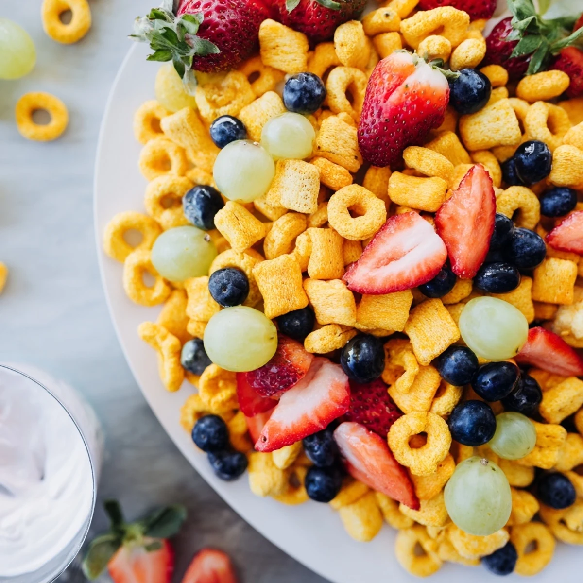 Brightly colored Rainbow Goldfish crackers spilling out next to juicy grapes, berries, and a yogurt dip.