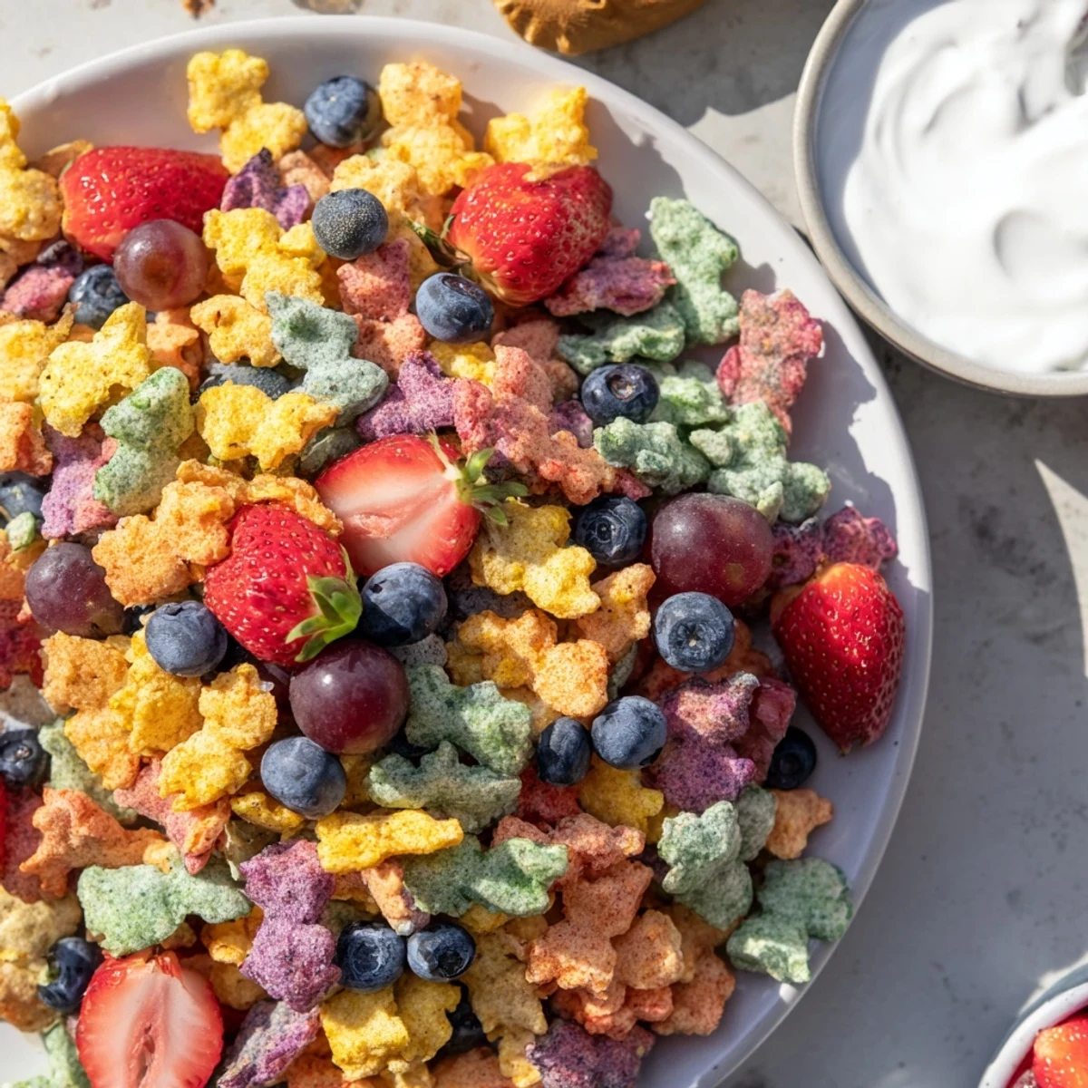 A delightful snack pile of Rainbow Goldfish crackers, artfully arranged with fruit and cool yogurt.