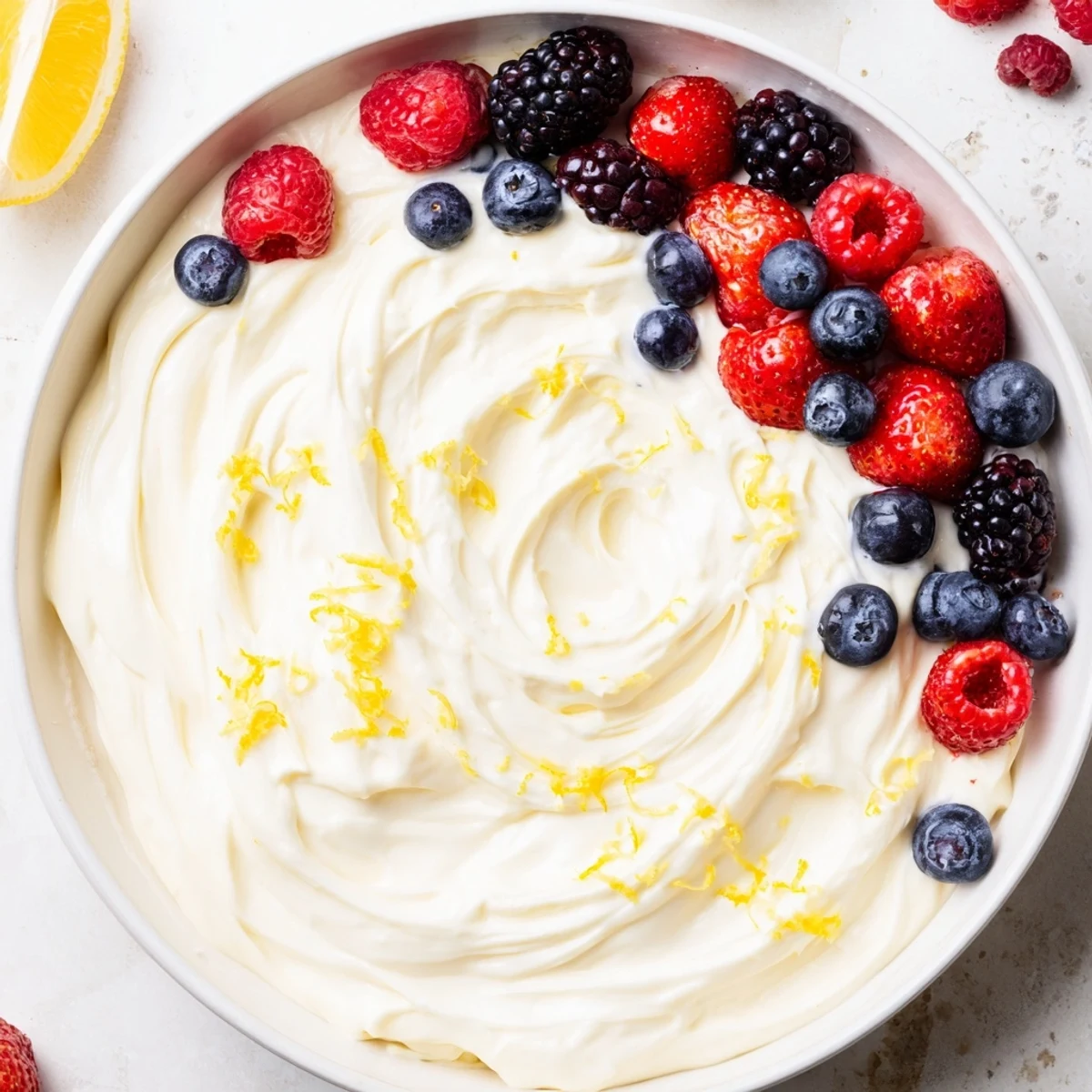 Scoops of the creamy, sweet fluffy cream cheese fruit dip with tempting fresh berry toppings.