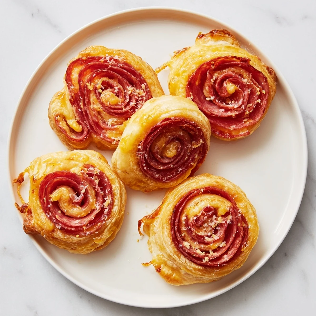 Golden, flaky Sliced Cheddar and Salami Scrolls, smelling of warm cheese and savory salami.