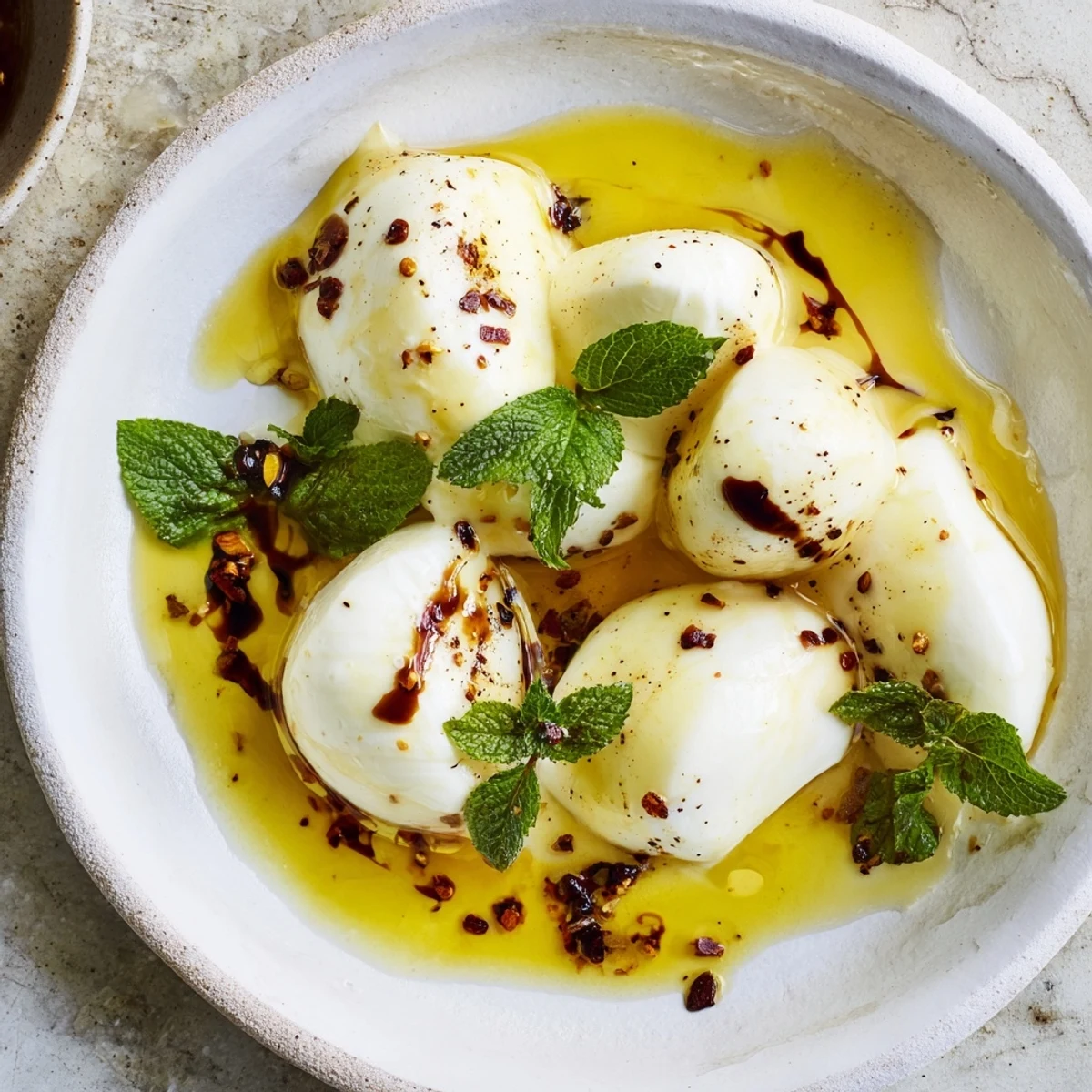 Creamy mozzarella pearls in an olive oil drizzle, a simple cheese appetizer.