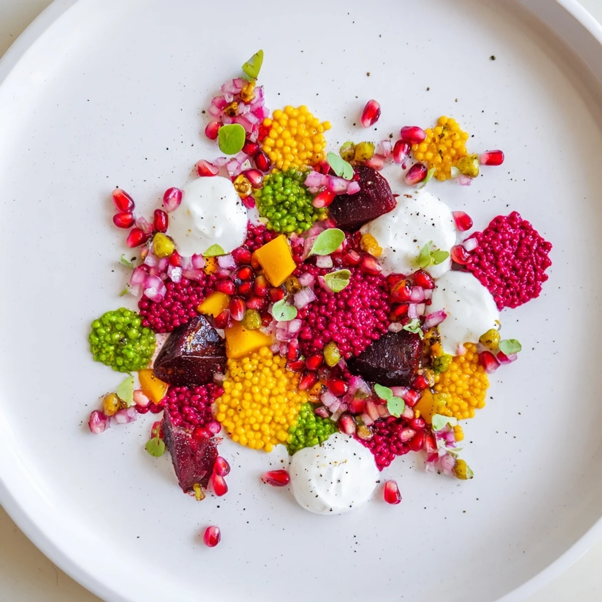 Vibrant The Pointillism Dot Matrix appetizer with colorful vegetable purees and delicate garnishes creating art on a plate.