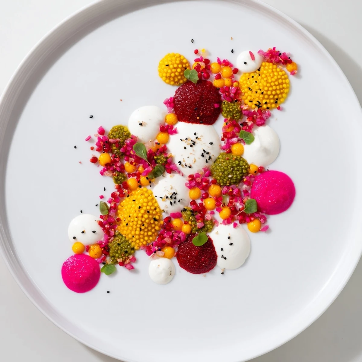 Close-up of a plated The Pointillism Dot Matrix, displaying a rainbow of veggie dots and fresh microgreens for a stunning visual effect.