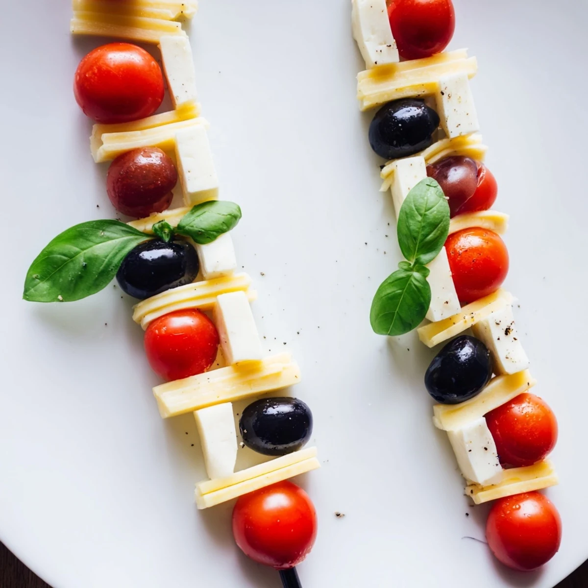 Appetizing Double Helix Genetic Code appetizer displaying colorful lines connected by cheese, ready to serve.