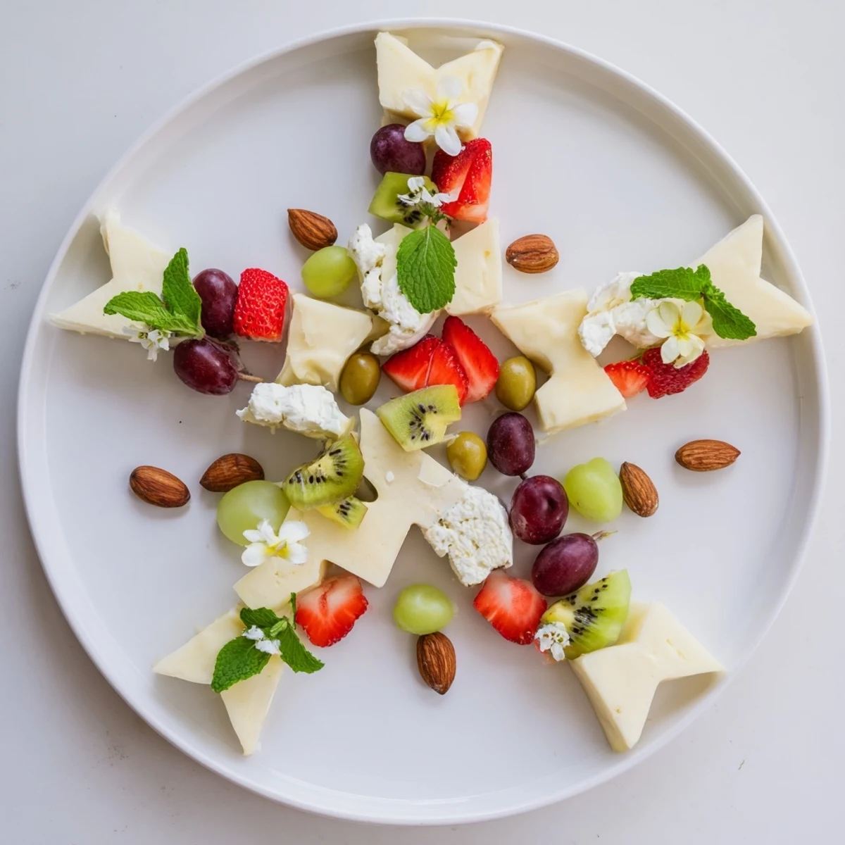 Exquisite Negative Space Puzzle platter showcasing fruit, cheese, and crackers, beautifully arranged for a stunning appetizer.