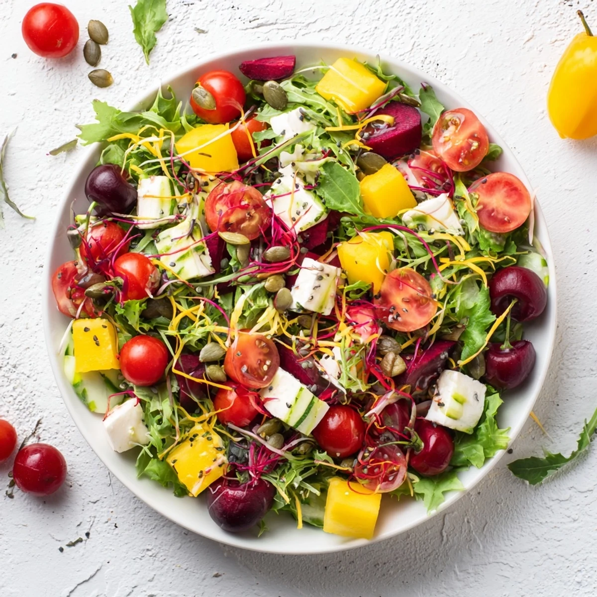 A visually exciting Abstract Expressionist Splash salad bursts with fresh vegetables, fruits, and a zesty drizzle.