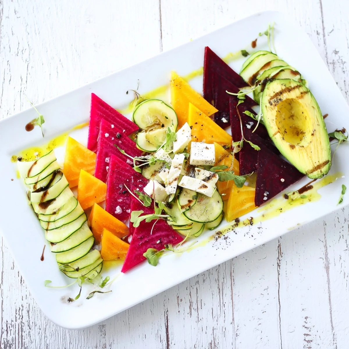 Cubist Deconstruction appetizer: Colorful geometric vegetable and fruit art, drizzled with olive oil, ready to serve.