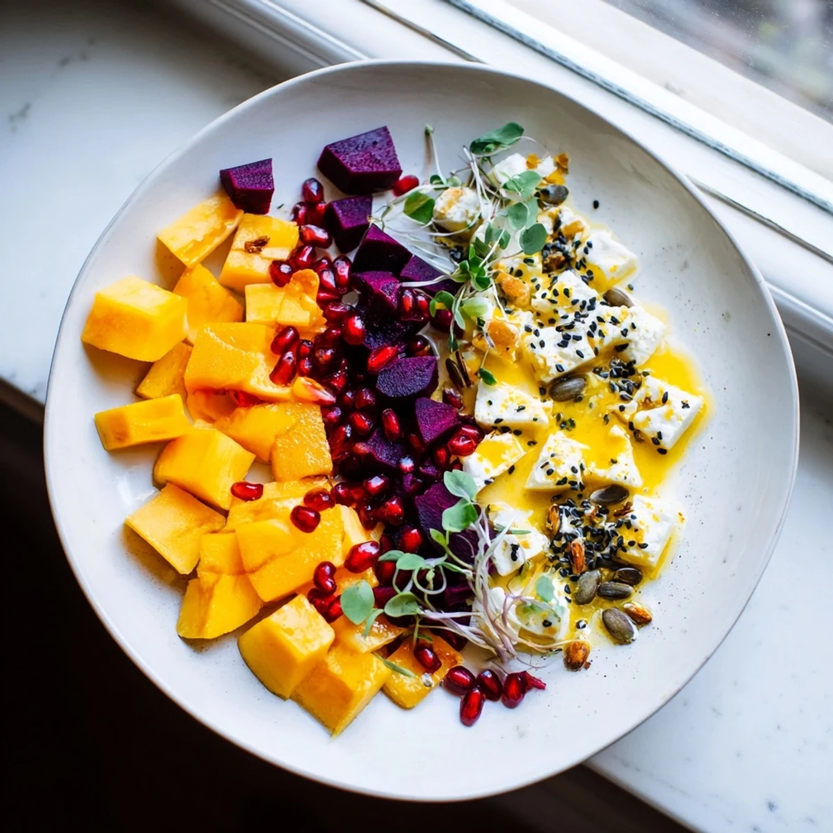 A close-up of The Kinetic Motion Blur displays creamy goat cheese and vibrant microgreens in an artistic pattern.